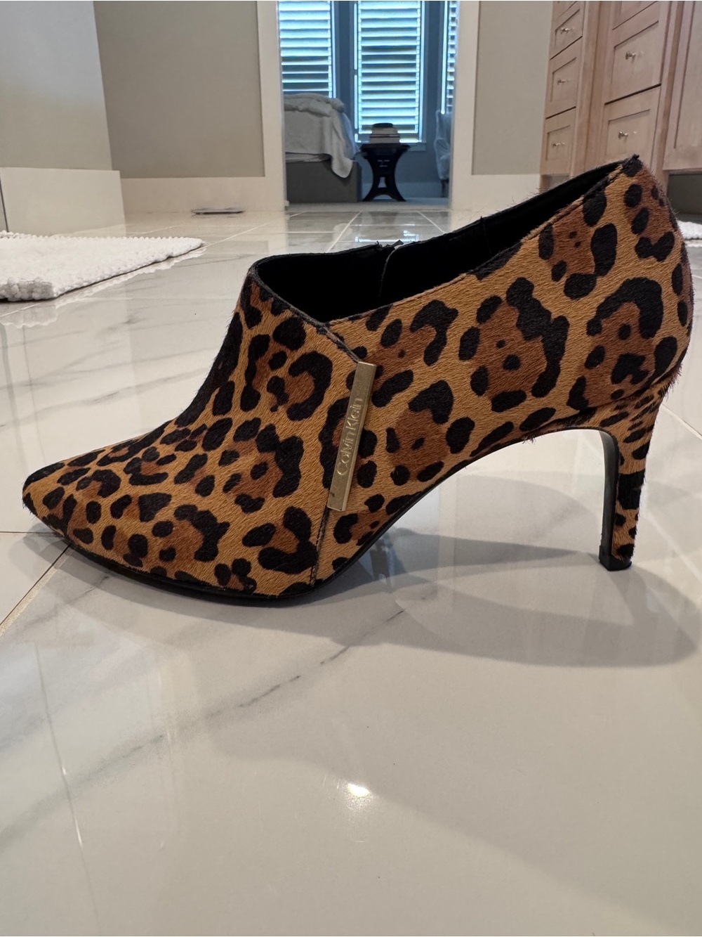 Calvin Klein Leopard-Print Pointed Toe Stiletto Bootie - Brown/Black